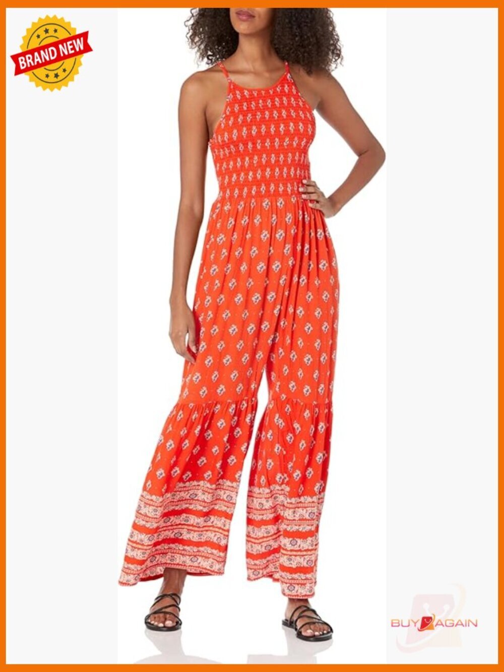 Smocked Bodice Flare Leg Jumpsuit Bohemian Print Spaghetti Straps
